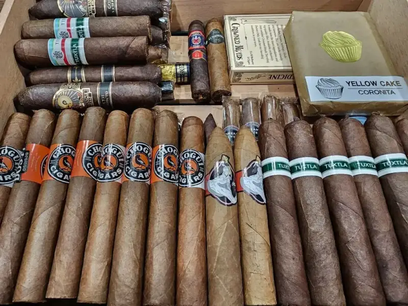 Assortment of premium cigars in a humidor