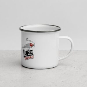 Smoke Lure Cigars Enamel Mug With Chrome Trim enamel mug white 12 oz right 659b6d3639ddb
