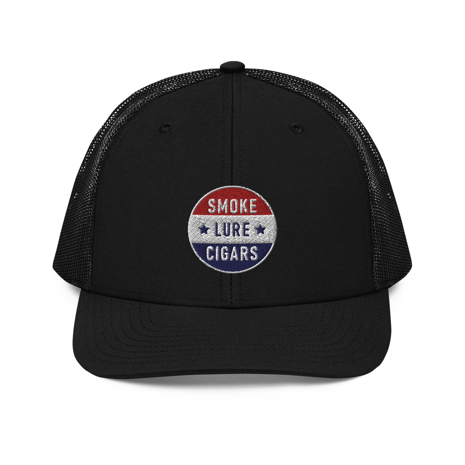 Smoke Lure Cigars Patriotic Medallion Snapback Hat snapback-trucker-cap-black-front-65a1f6ea399be.jpg