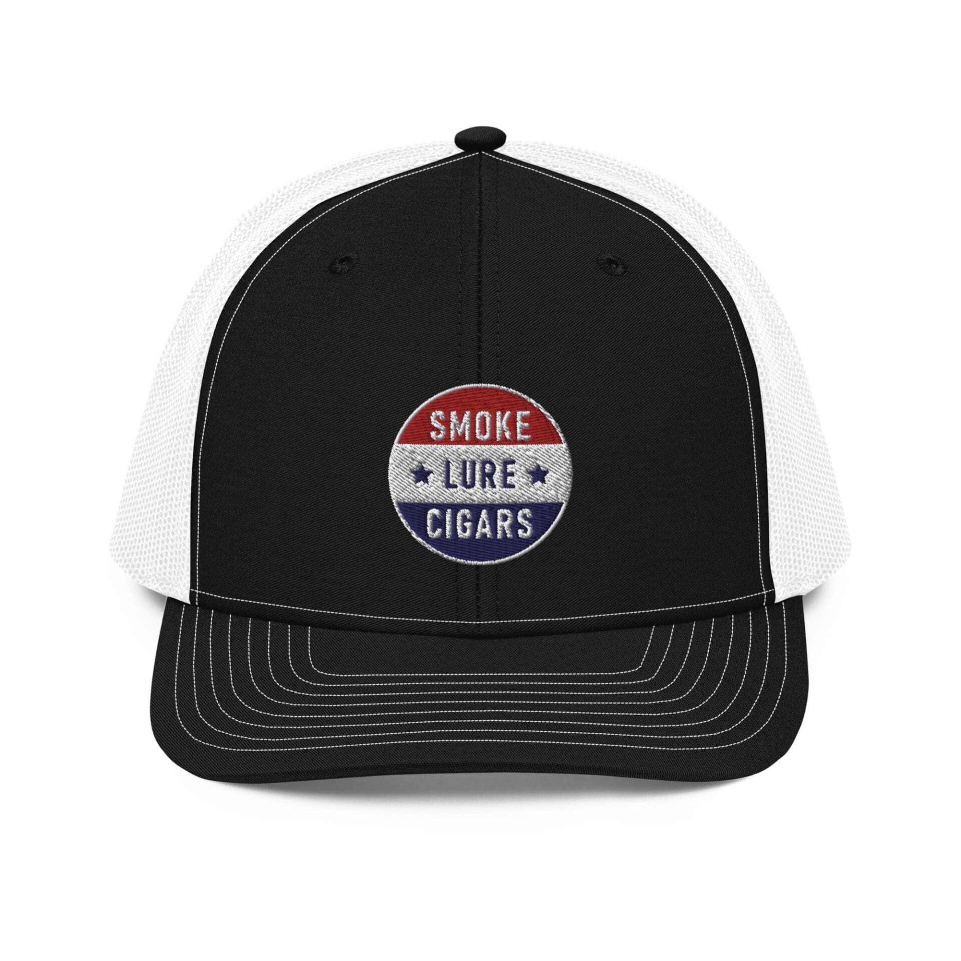 Smoke Lure Cigars Patriotic Medallion Snapback Hat snapback-trucker-cap-black-white-front-65a1f6ea39b8a.jpg