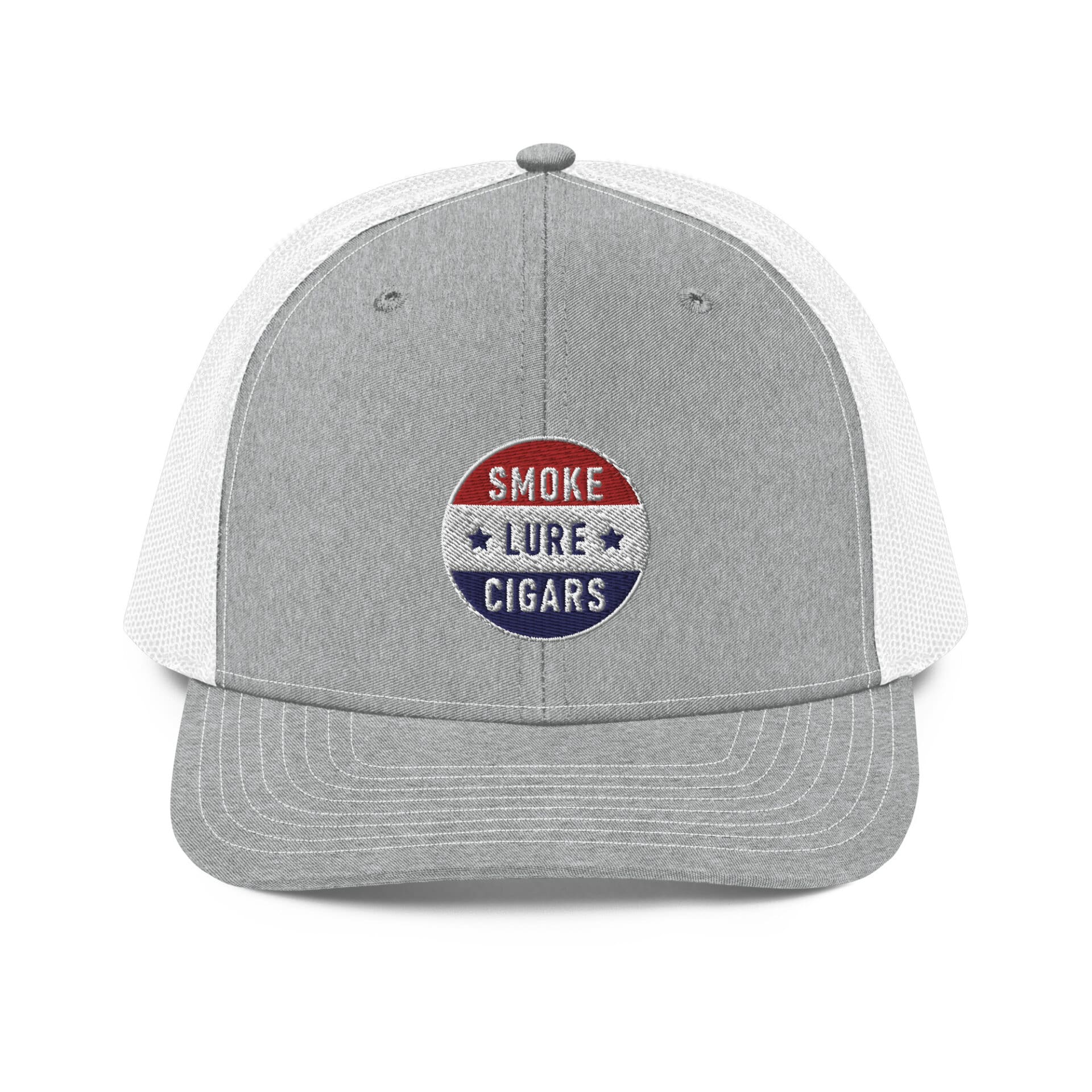 Smoke Lure Cigars Patriotic Medallion Snapback Hat snapback-trucker-cap-heather-grey-white-front-65a1f6ea39ce0.jpg