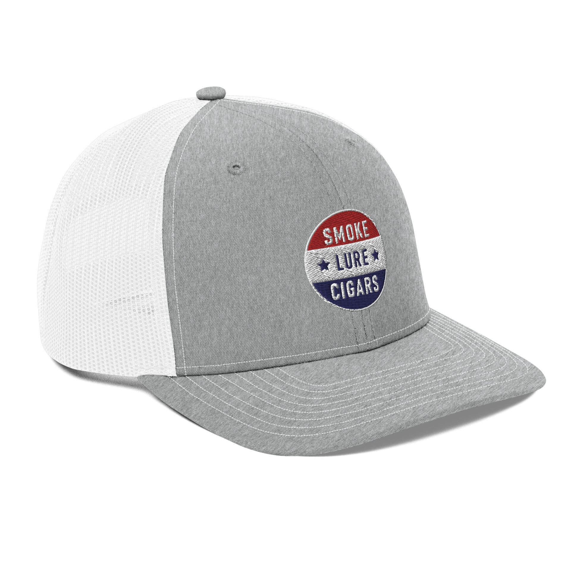 Smoke Lure Cigars Patriotic Medallion Snapback Hat snapback-trucker-cap-heather-grey-white-right-front-65a1f6e9b5c9b.jpg