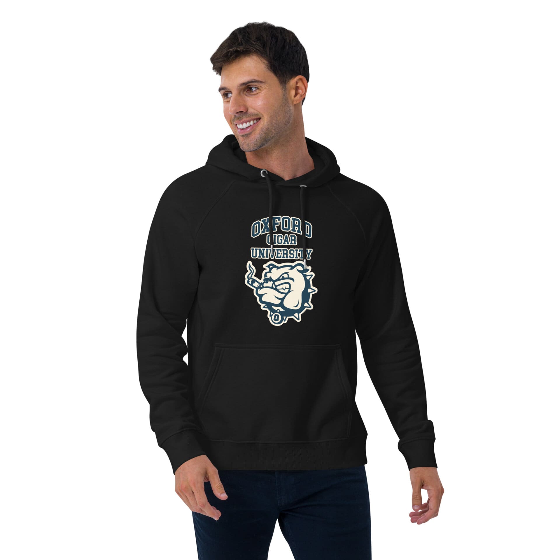 Oxford Cigar University Hoodie unisex-eco-raglan-hoodie-black-front-2-659f0aed88099.jpg